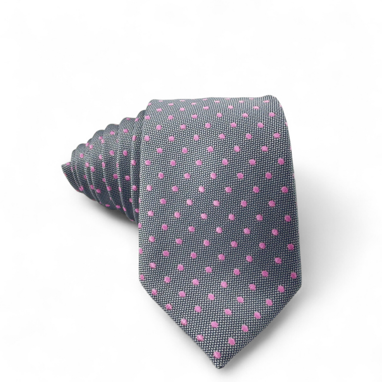 Corbata gris con puntos rosados