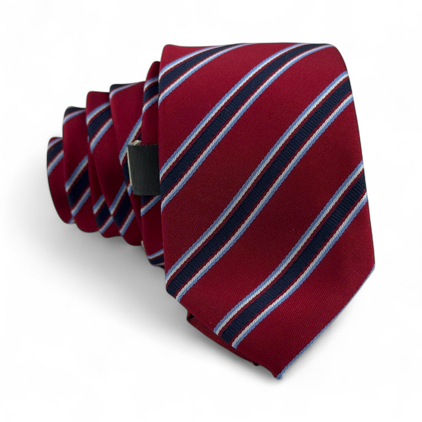 Corbata roja con rayas diagonales azul y negro