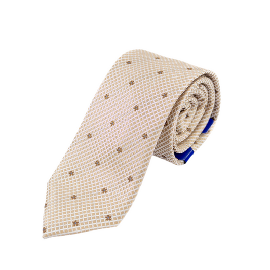 Corbata Beige con Motivo Cuadriculado y Detalles Florales