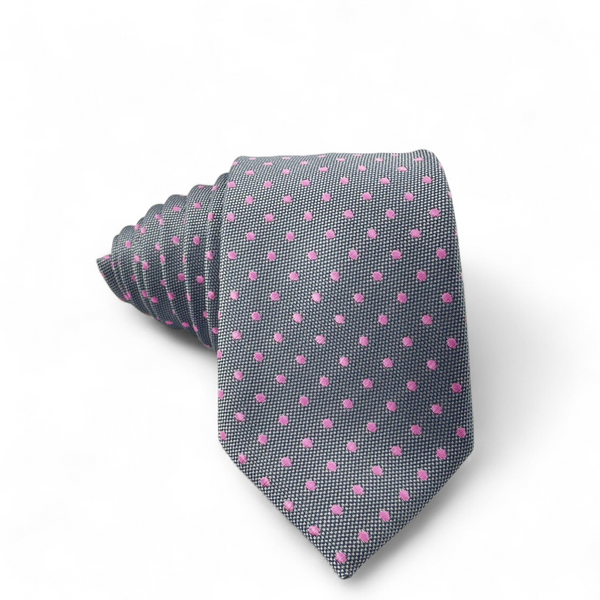 Corbata gris con puntos rosados
