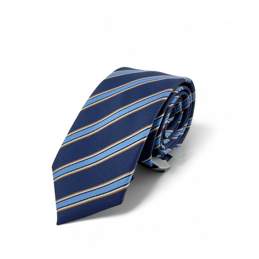 Corbata azul marino con rayas celestes y doradas