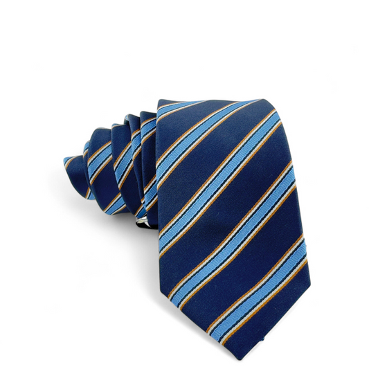 Corbata azul marino con rayas celestes y doradas