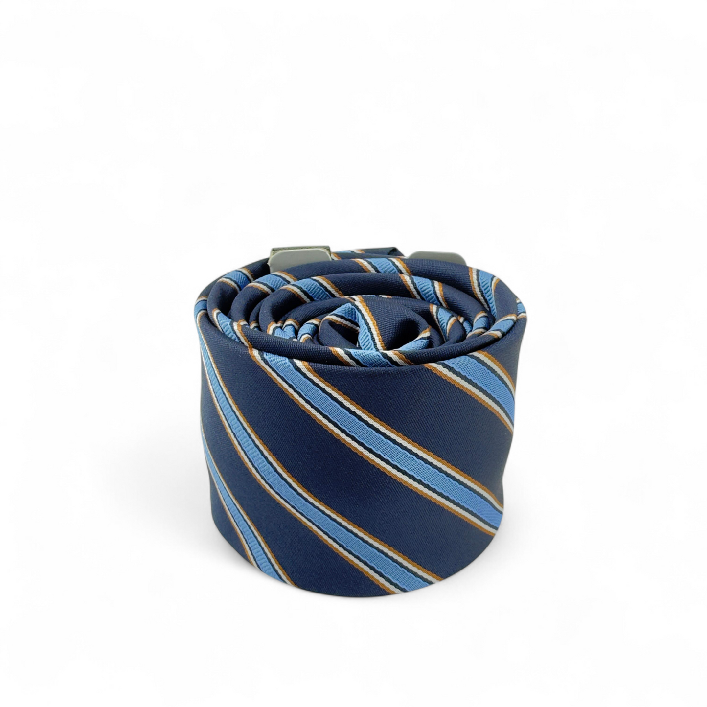 Corbata azul marino con rayas celestes y doradas