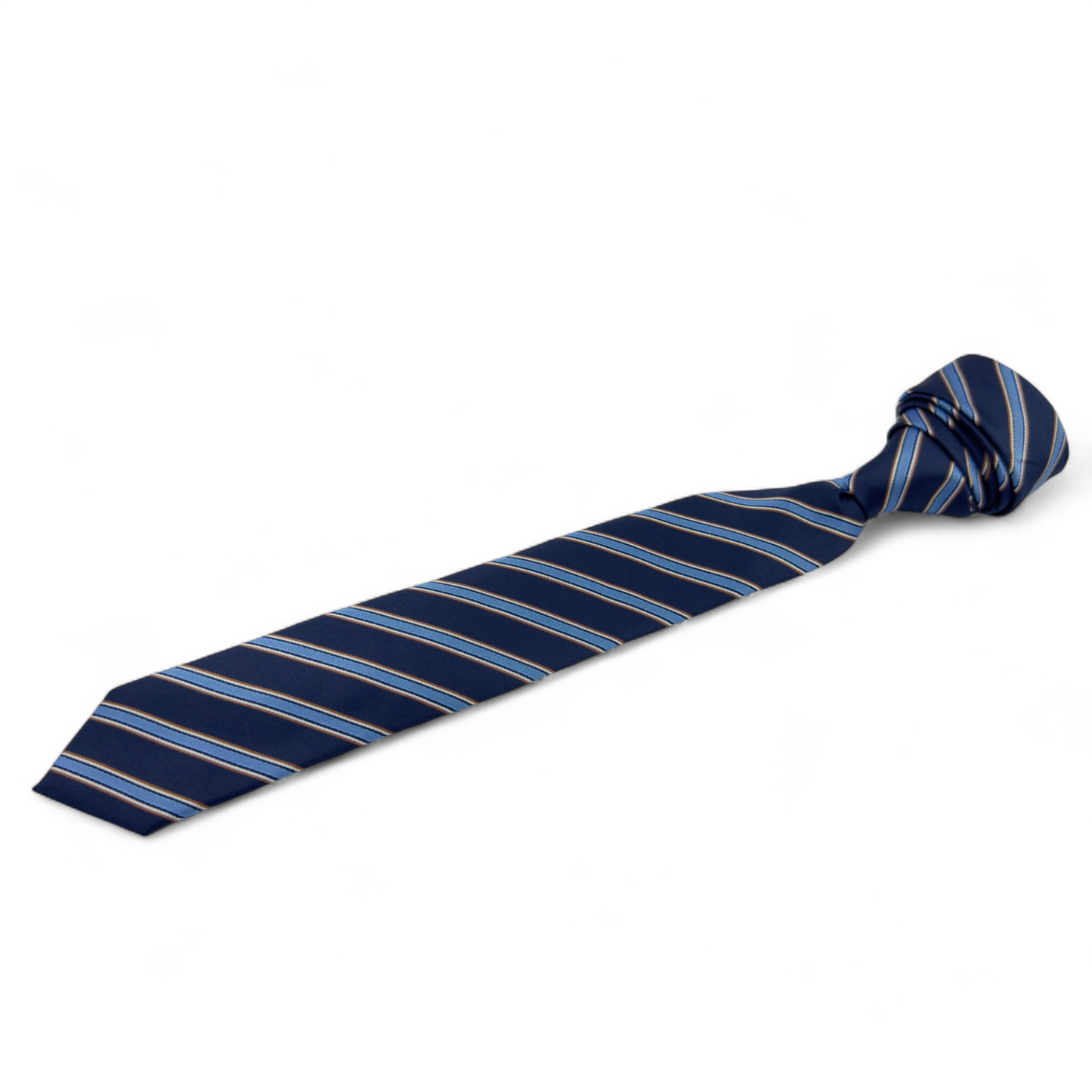 Corbata azul marino con rayas celestes y doradas