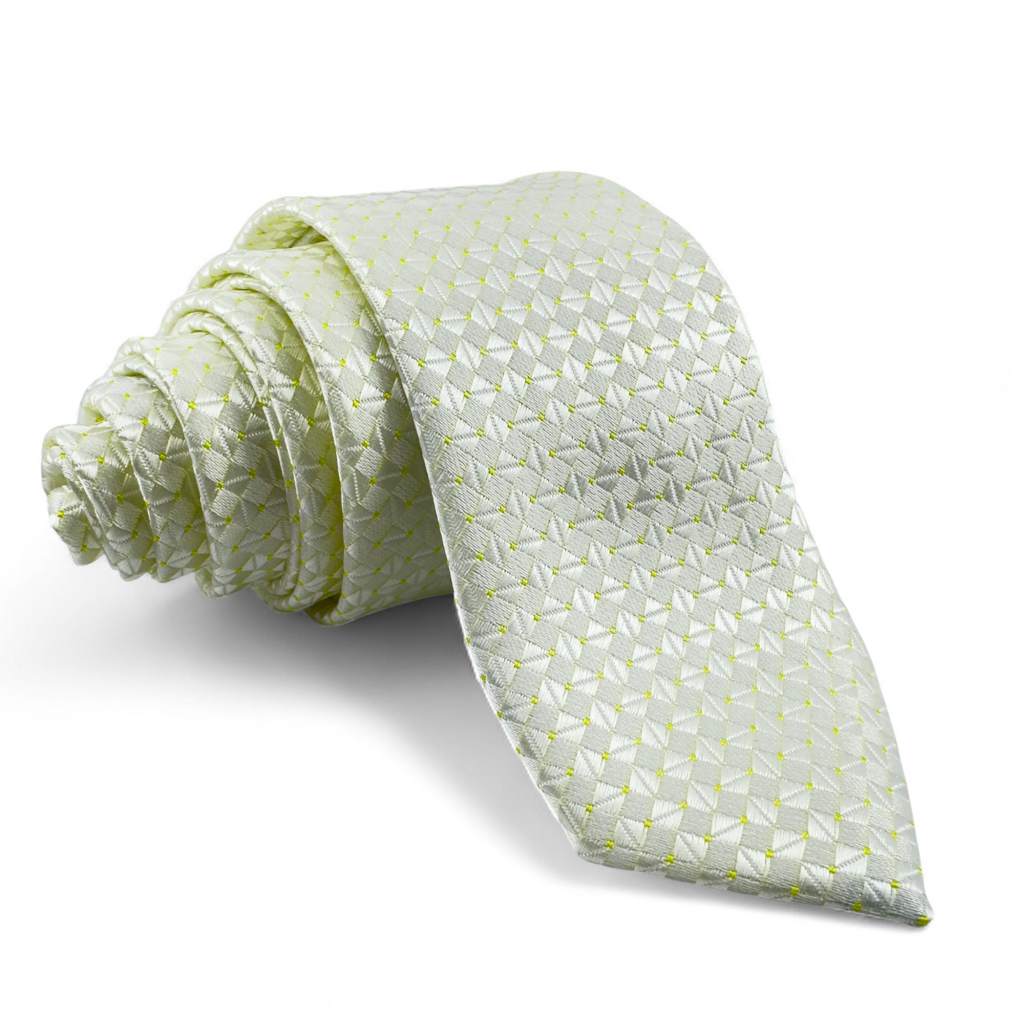 Corbata blanca satinada con detalles en hilo amarillo