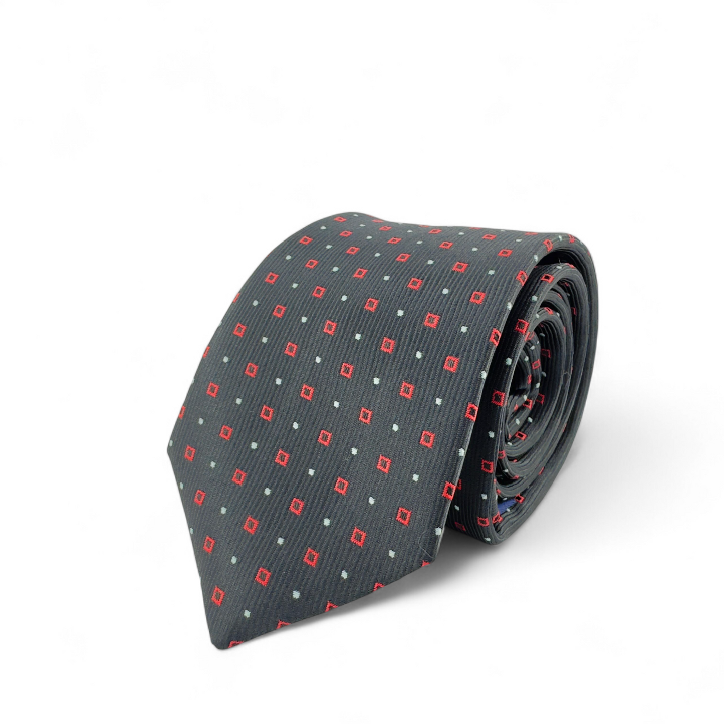 Corbata negra con microcuadros rojos y grises