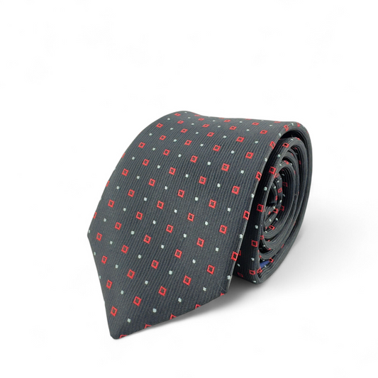 Corbata negra con microcuadros rojos y grises