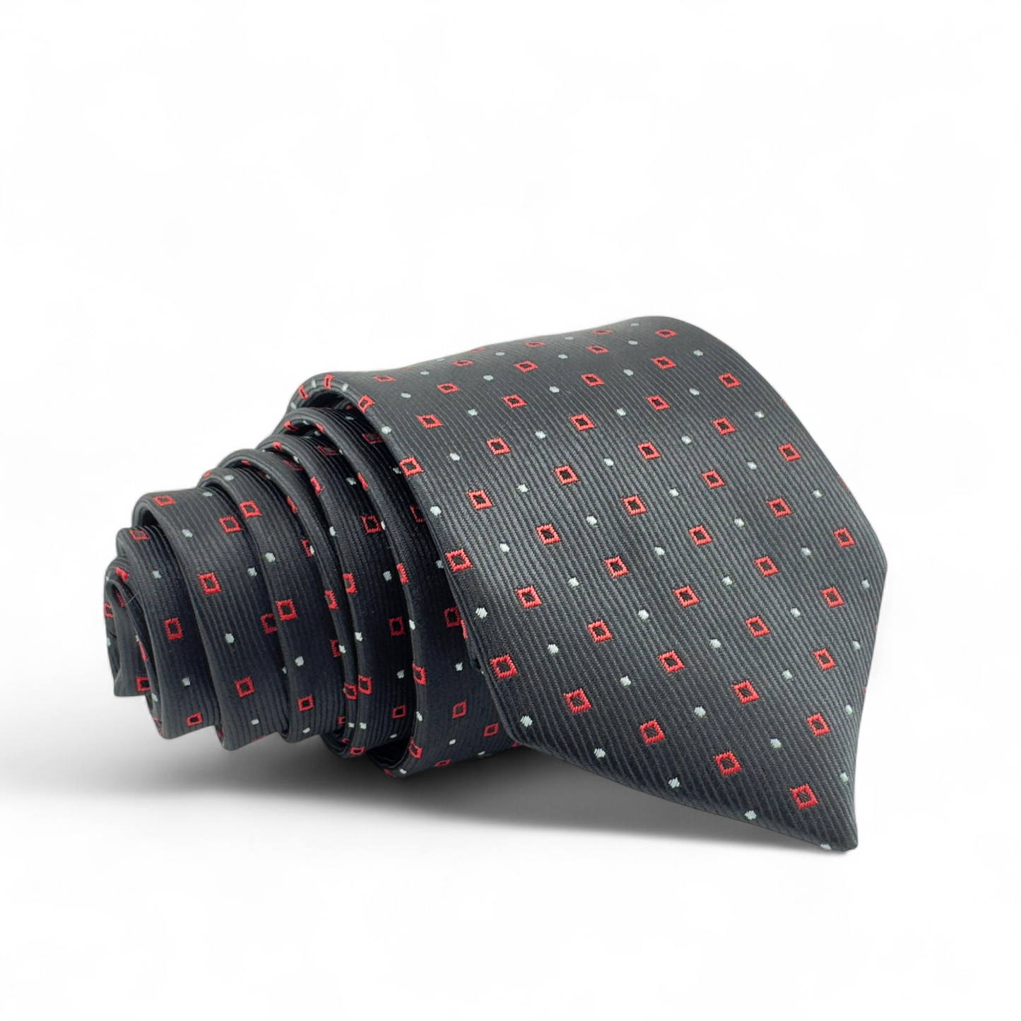 Corbata negra con microcuadros rojos y grises