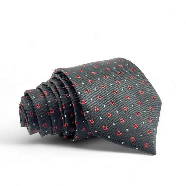 Corbata negra con microcuadros rojos y grises