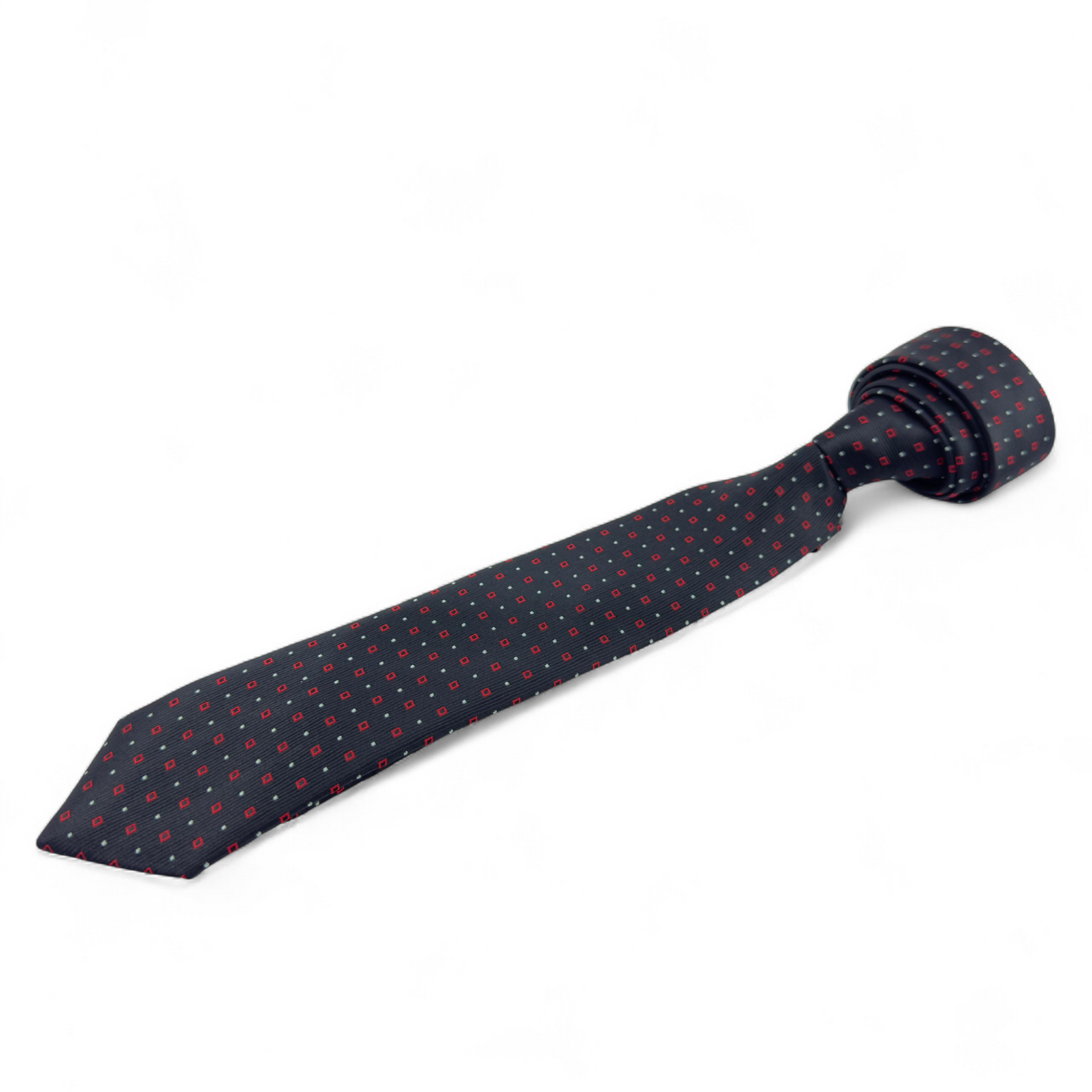 Corbata negra con microcuadros rojos y grises