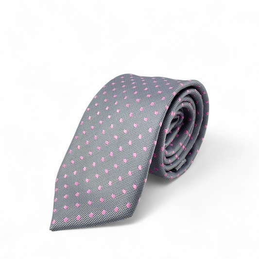 Corbata gris con puntos rosados