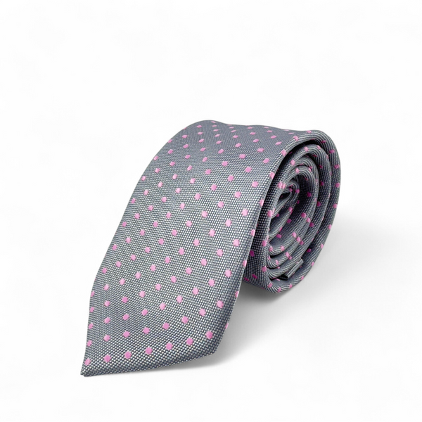 Corbata gris con puntos rosados