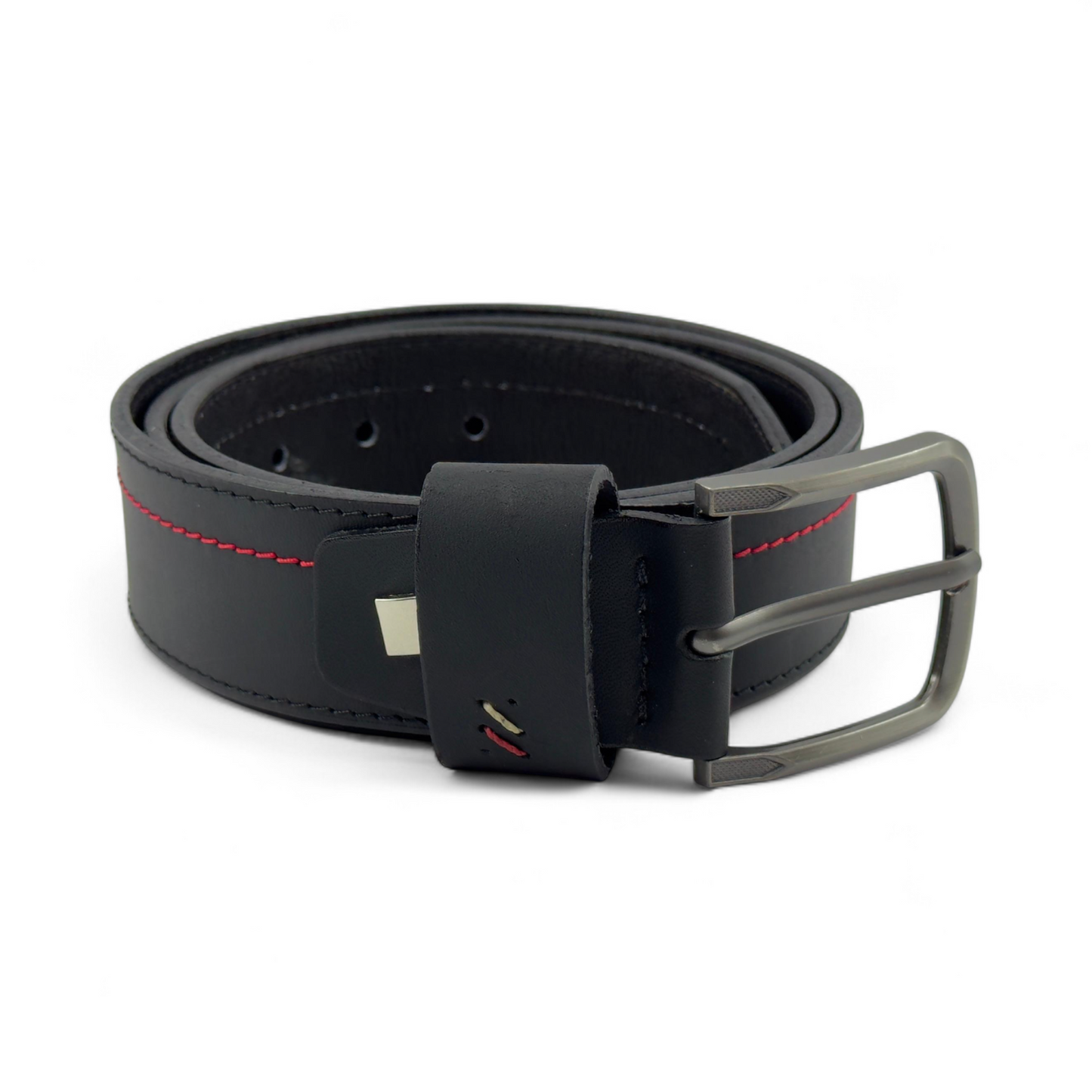 Cinturón Negro en Cuero Genuino con Costura Roja