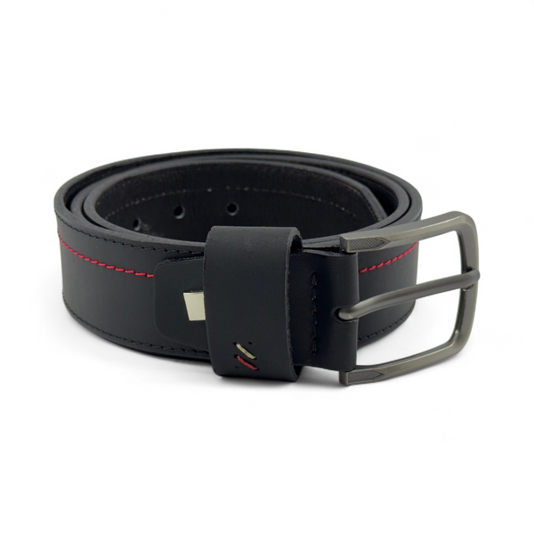 Cinturón Negro en Cuero Genuino con Costura Roja