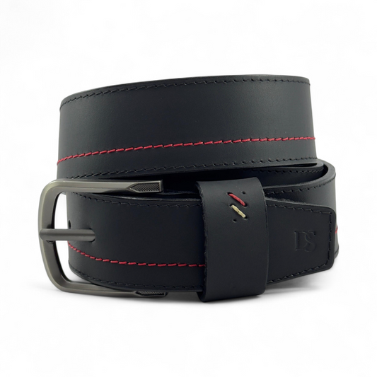 Cinturón Negro en Cuero Genuino con Costura Roja