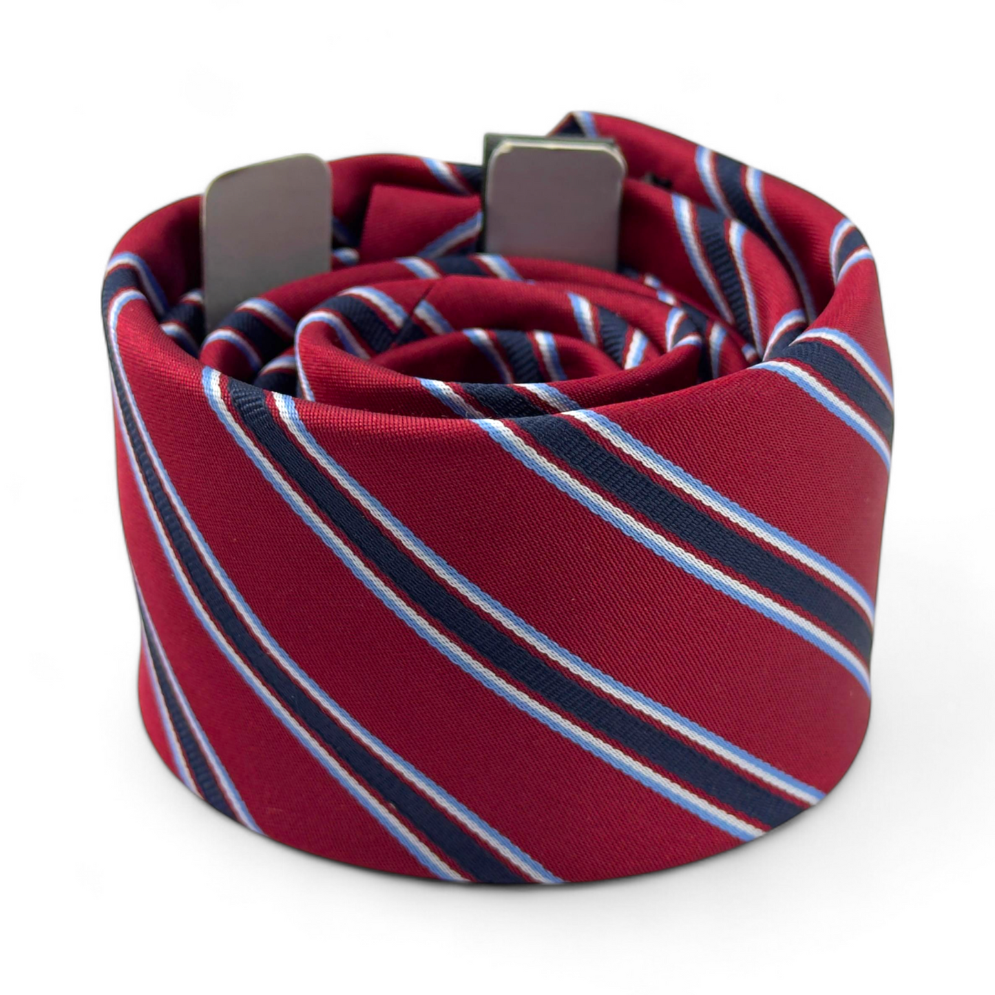 Corbata roja con rayas diagonales azul y negro